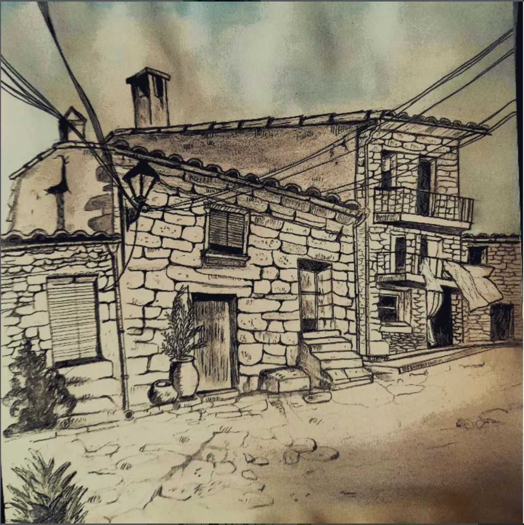 Pen-and-wash drawing of an old stone house on a cobbled village street