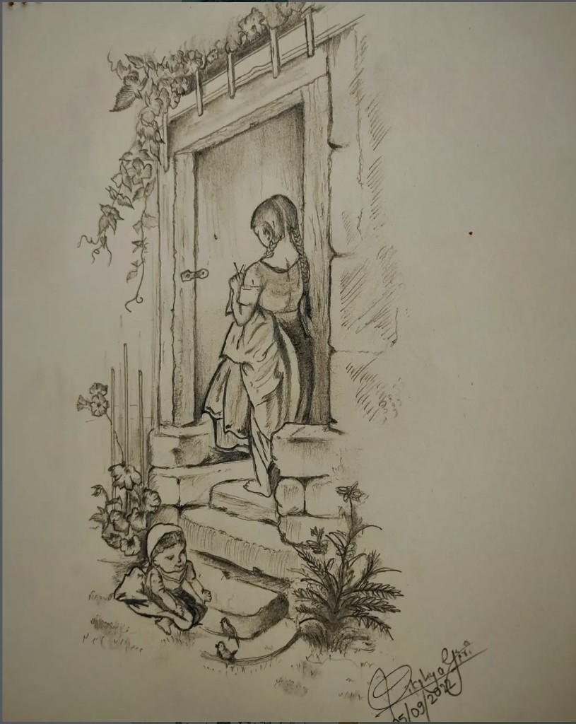 Pencil drawing of a child seated on stone steps below a girl standing in an old doorway framed by climbing vines