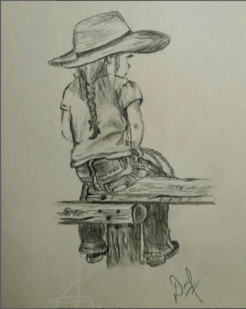 Pencil drawing of a child in a wide straw hat sitting on a weathered wooden stool, seen from behind