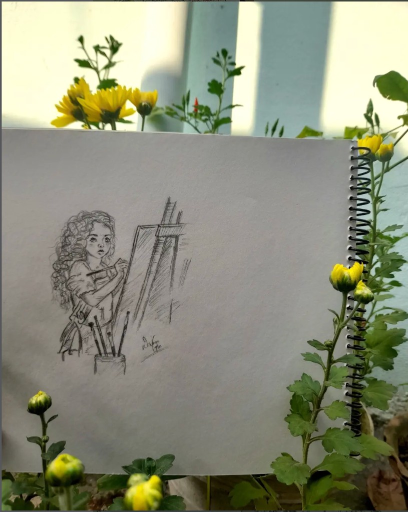 Sketchbook drawing of a curly-haired girl painting at an easel, photographed among yellow flowers