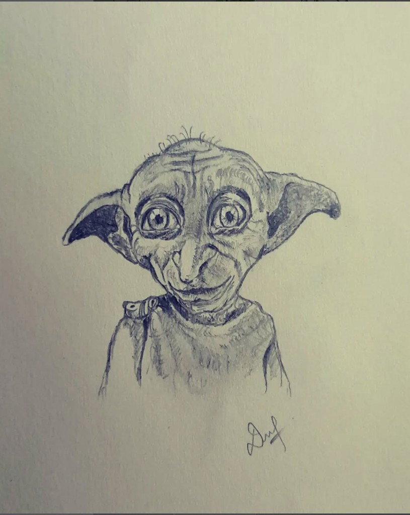 Pencil portrait of Dobby the house elf with large ears and wide eyes