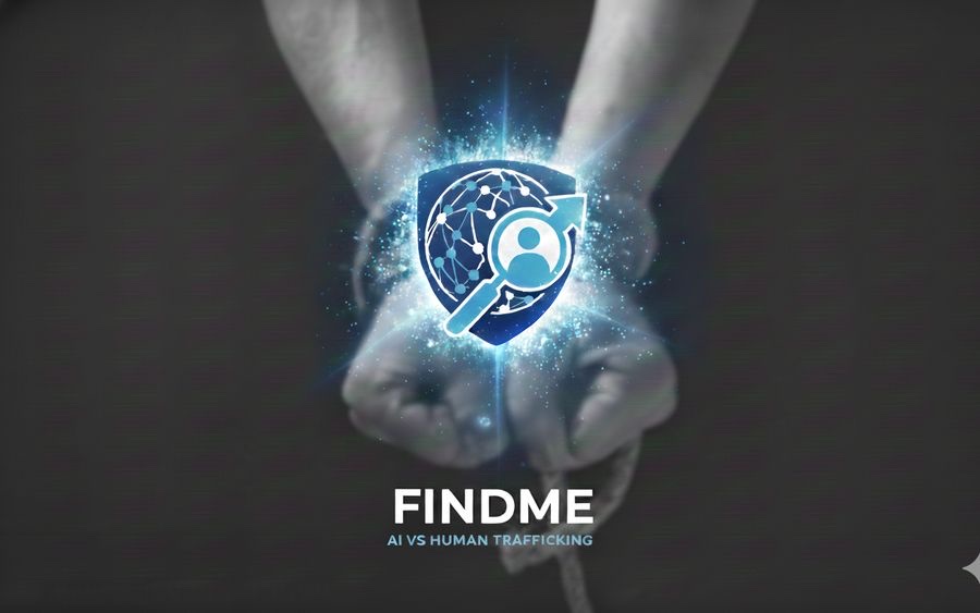 FindMe key art — a shield logo glowing between bound hands, captioned AI vs human trafficking